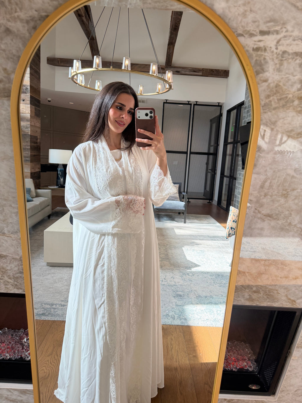 Lace Panel Abaya – White, Pink & Sky Blue