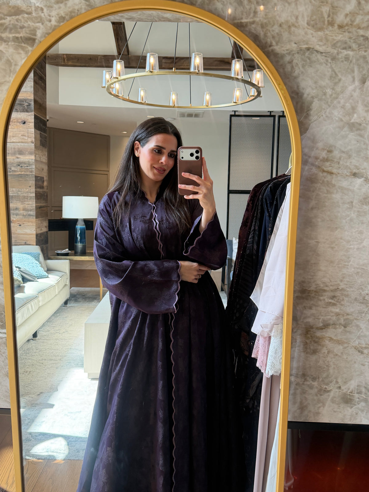 Textured Flowy Abaya – Burgundy & Mauve