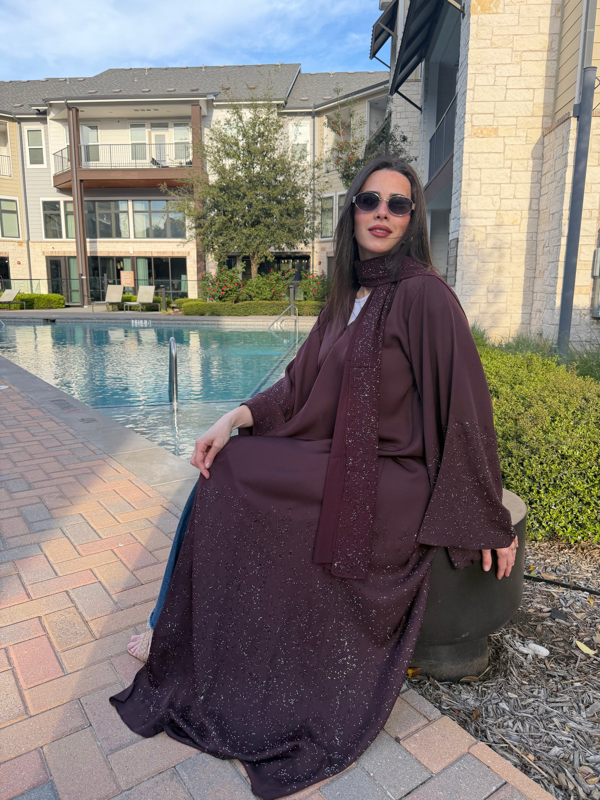 Embellished Cape Abaya – Burgundy & Gray
