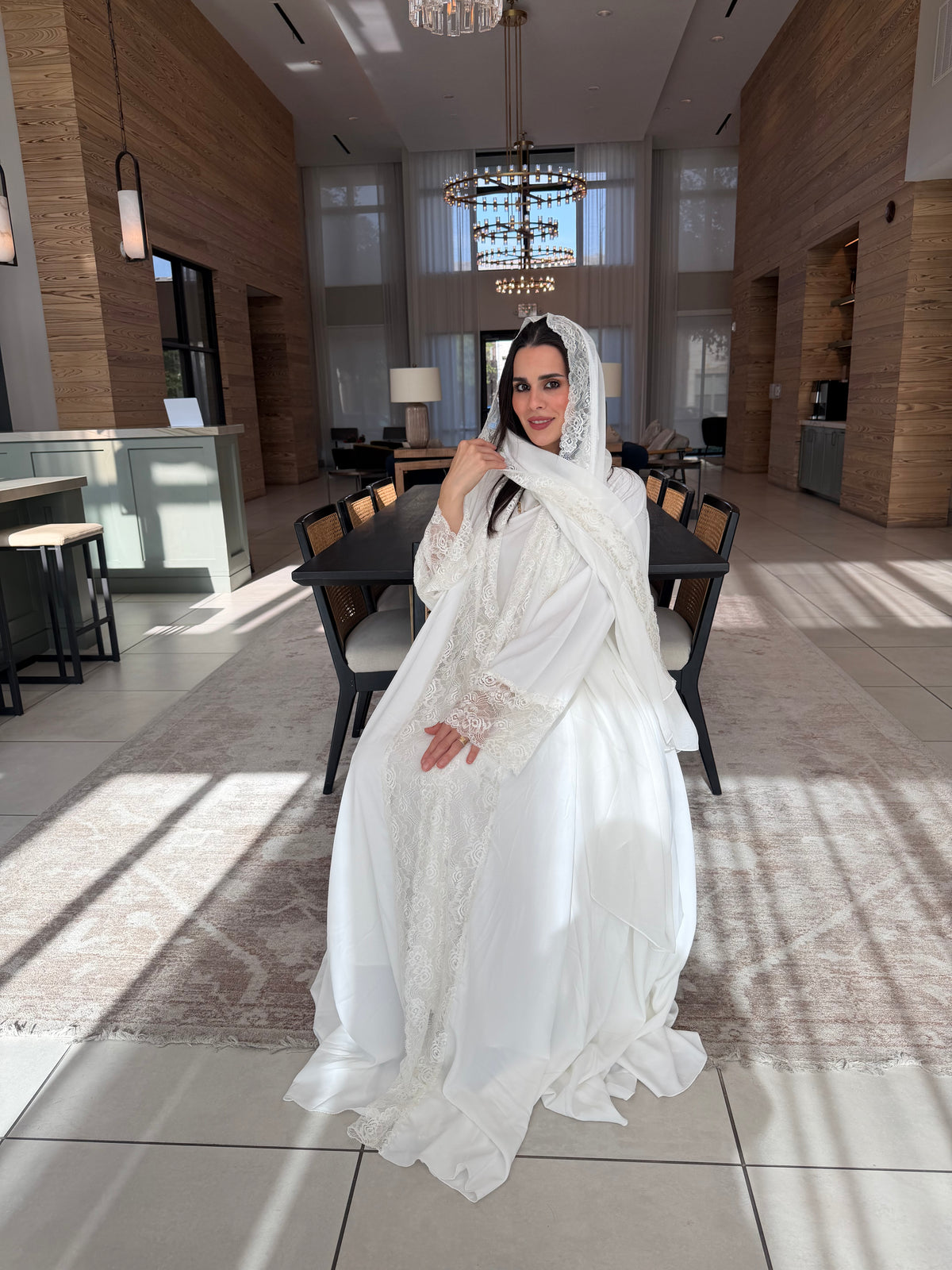 Lace Panel Abaya – White, Pink & Sky Blue