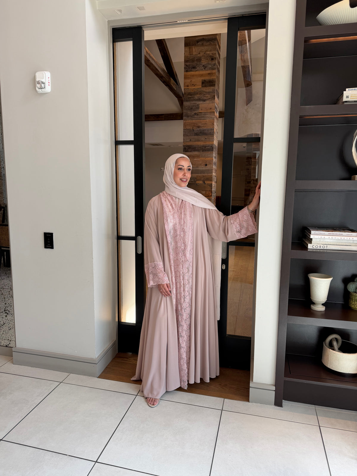 Lace Panel Abaya – White, Pink & Sky Blue