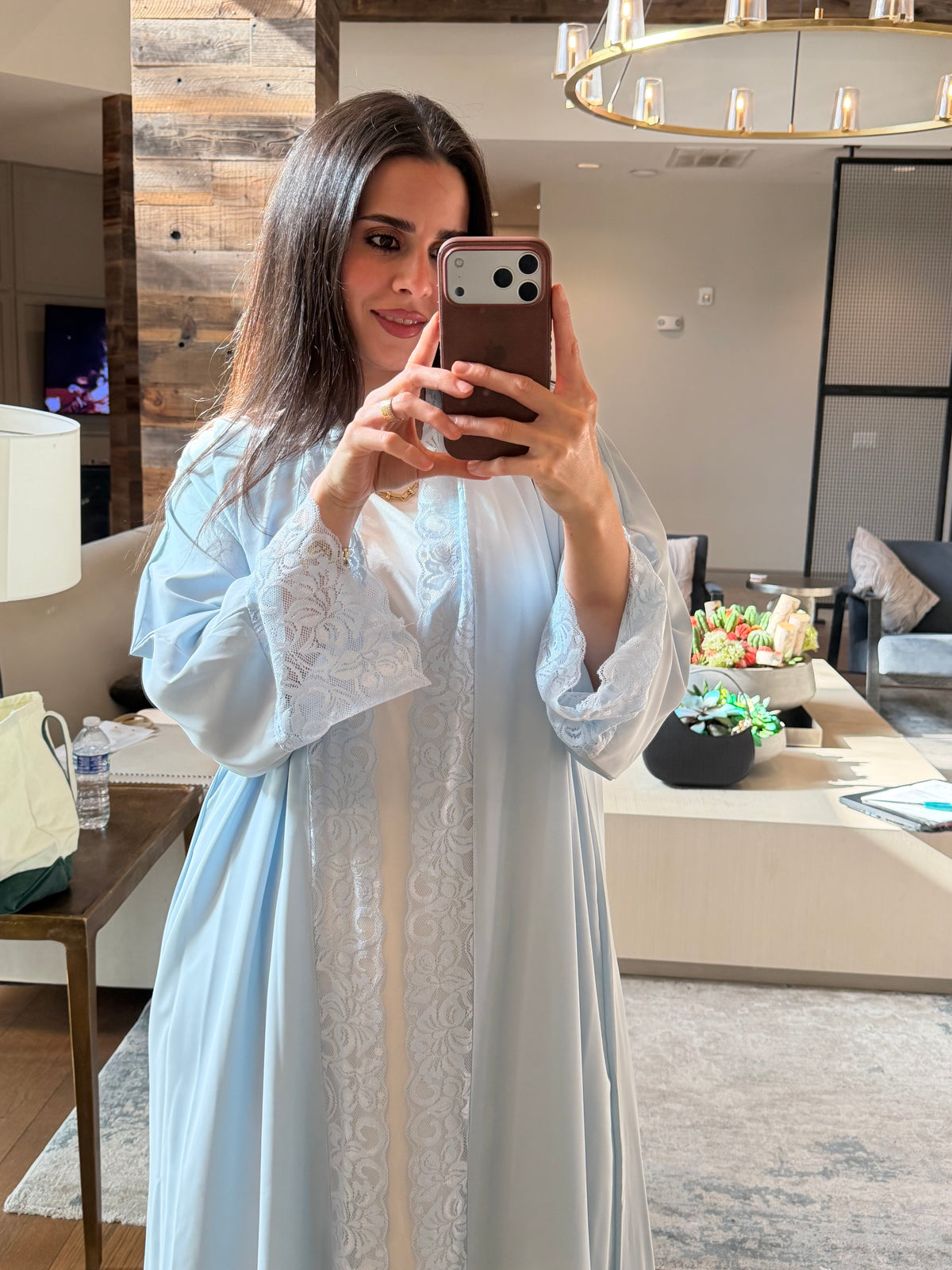 Lace Panel Abaya – White, Pink & Sky Blue