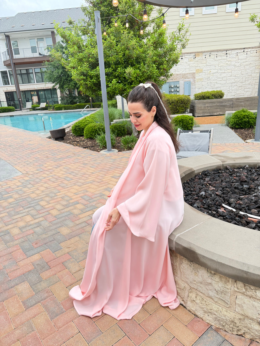 Blush Pink Pearl-Trim Abaya
