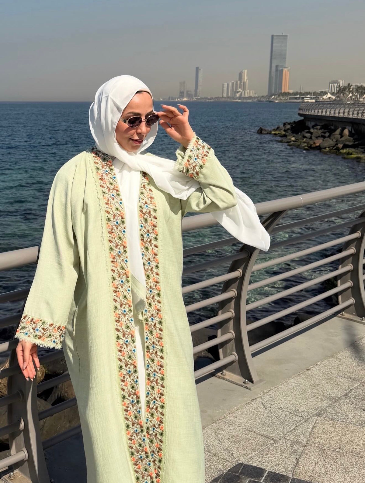 Embroidered Open Abaya –  Green & Pink