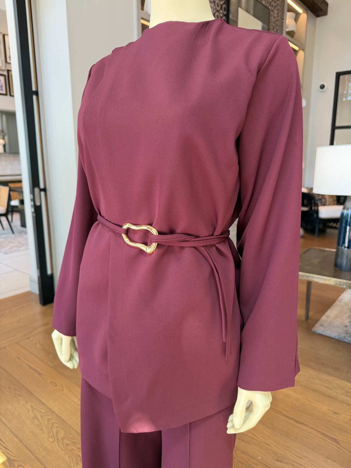 Belted Modest Two-Piece Set – Burgundy & Beige