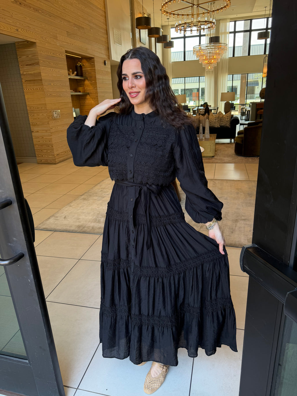Black Textured Ruffle Maxi Dress