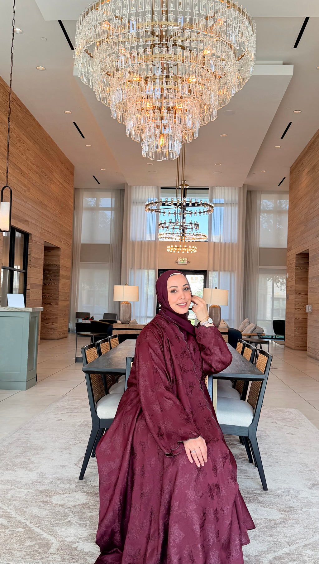 Textured Flowy Abaya – Burgundy & Mauve