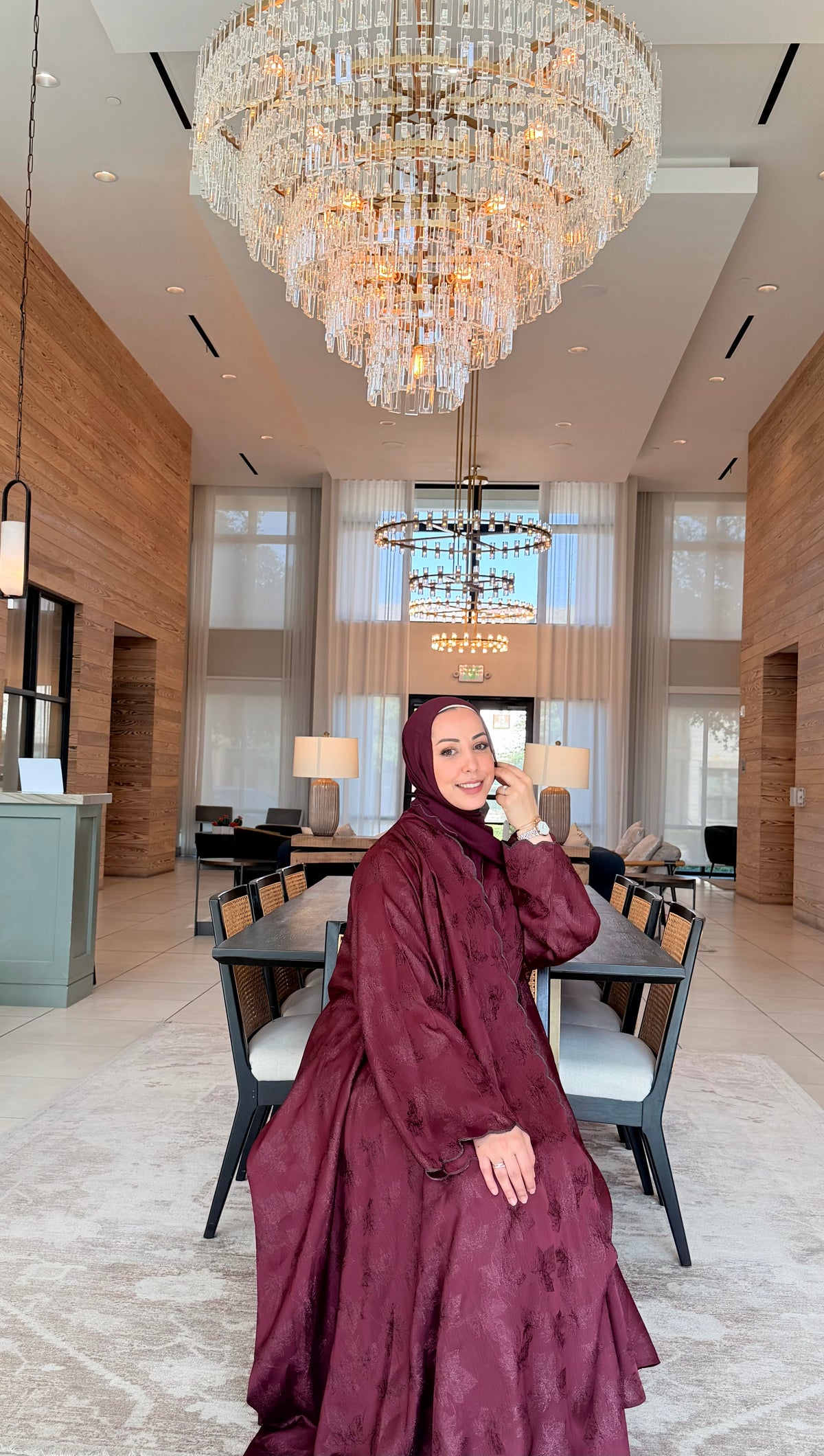 Textured Flowy Abaya – Burgundy & Mauve