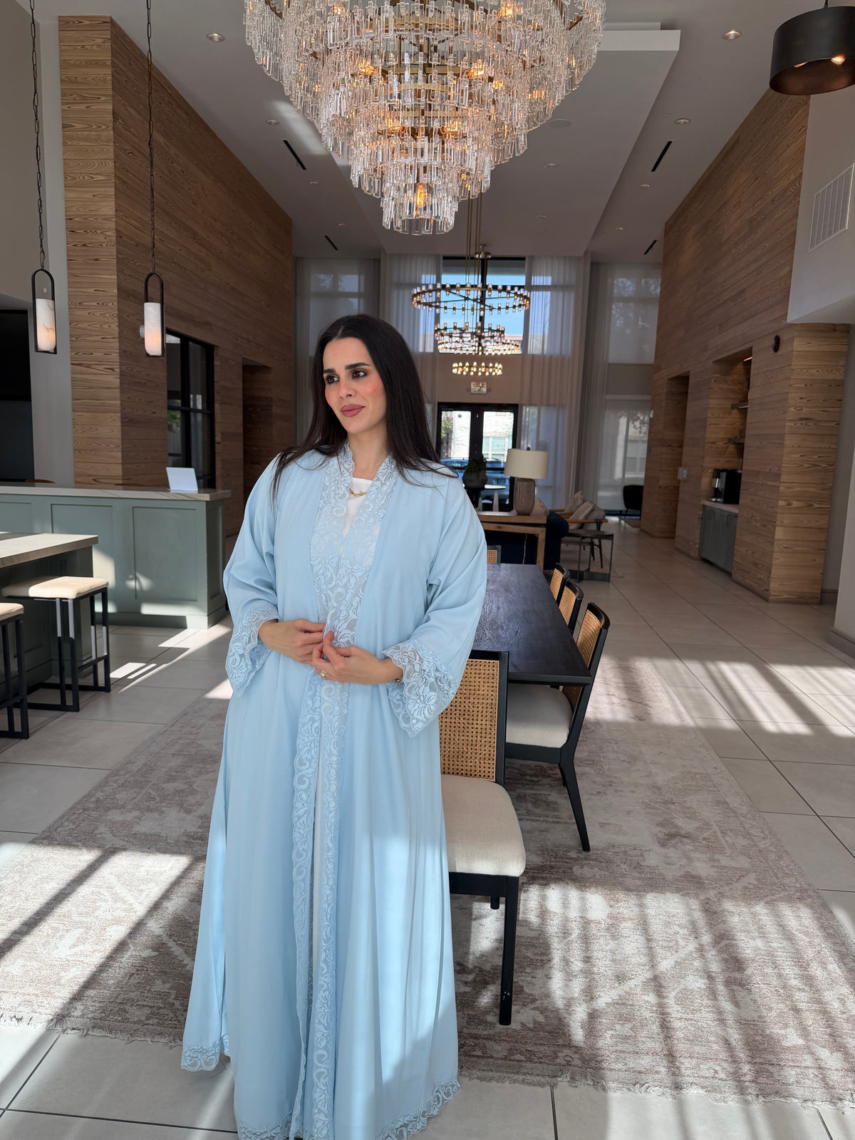 Lace Panel Abaya – White, Pink & Sky Blue