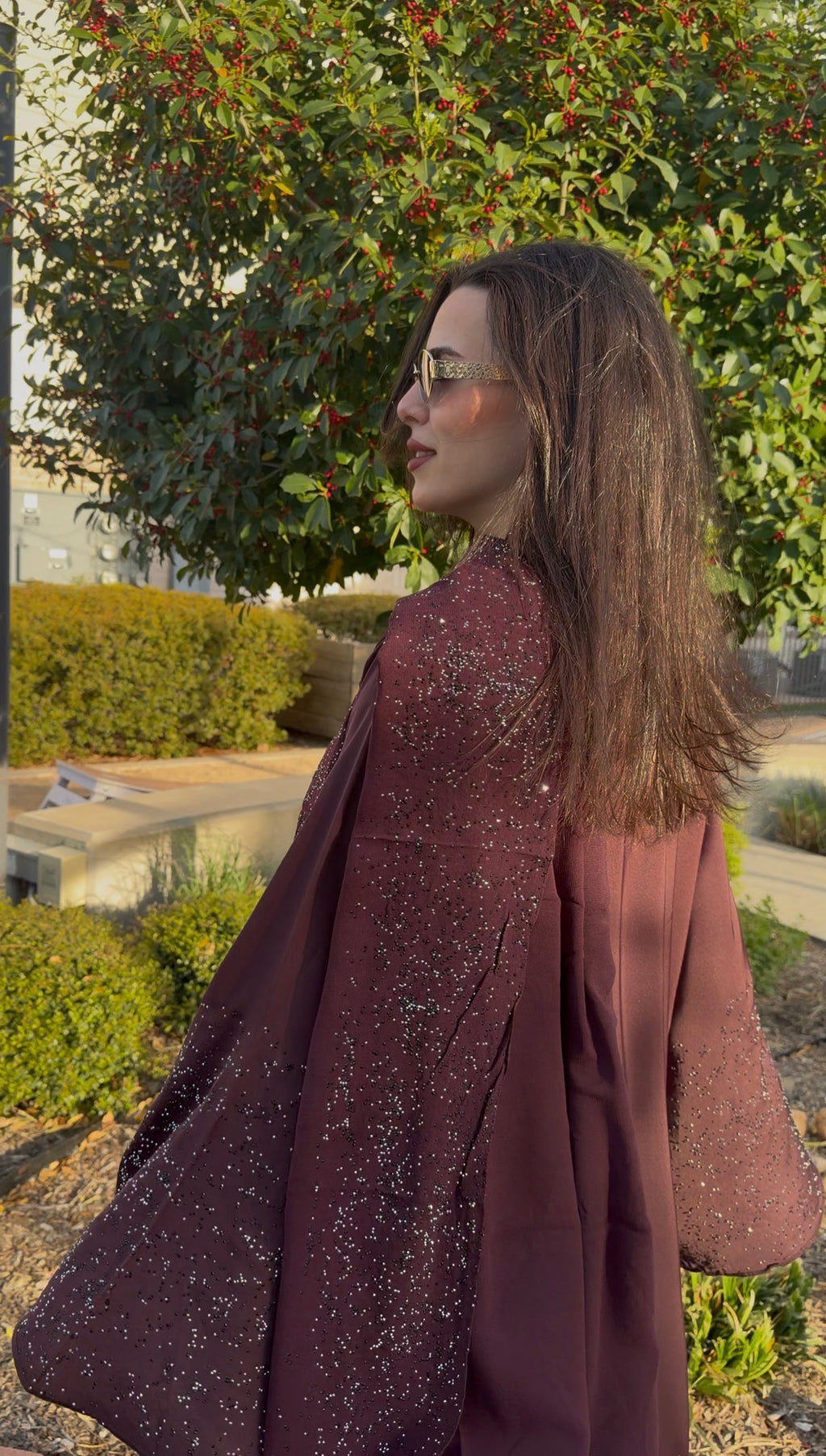 Embellished Cape Abaya – Burgundy & Gray