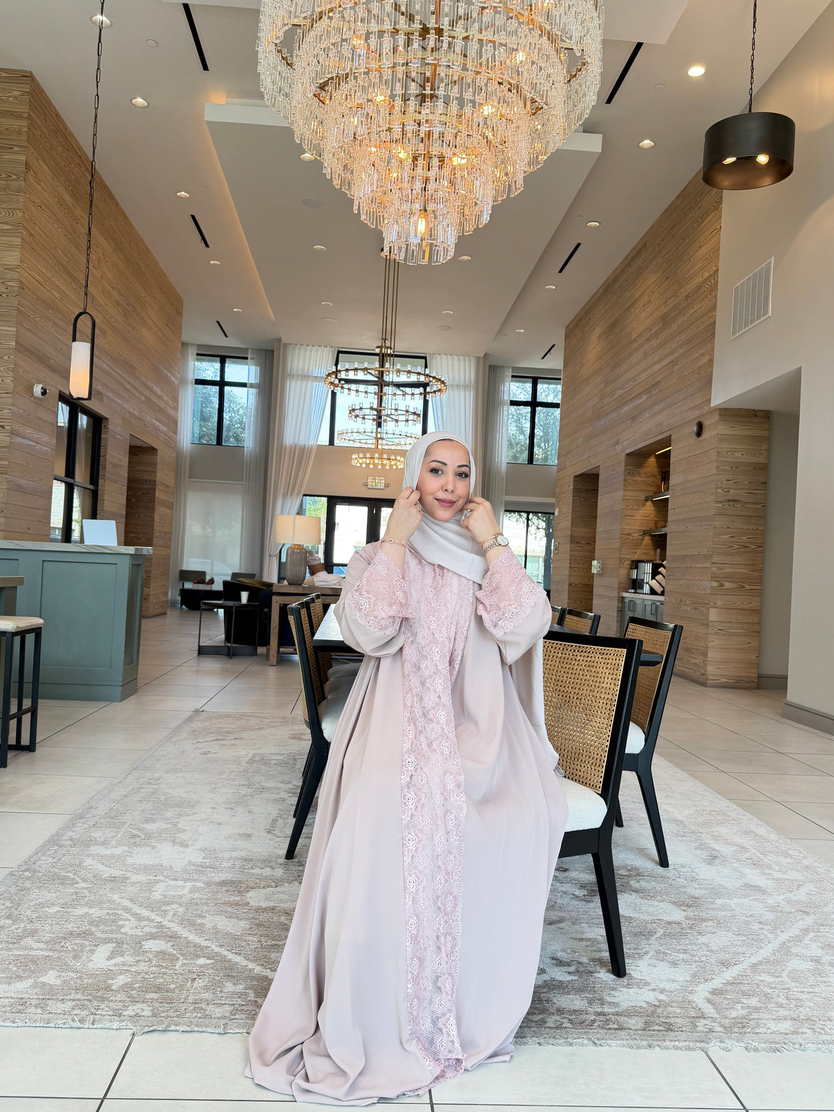Lace Panel Abaya – White, Pink & Sky Blue