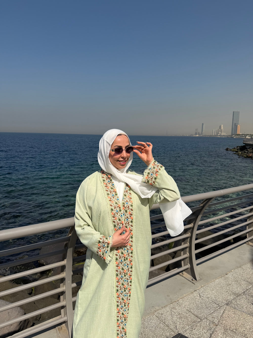 Embroidered Open Abaya –  Green & Pink