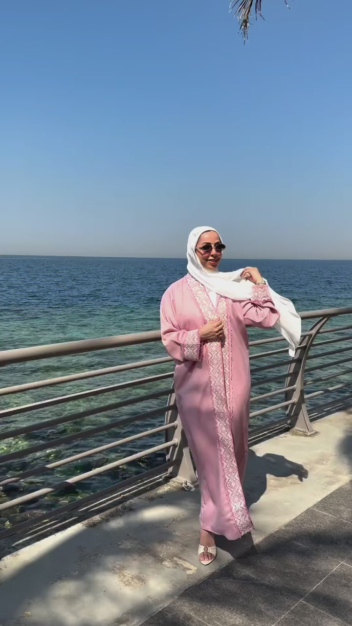 Embroidered Open Abaya –  Green & Pink