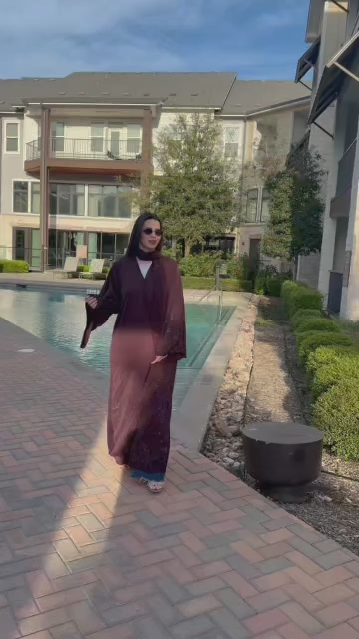 Embellished Cape Abaya – Burgundy & Gray