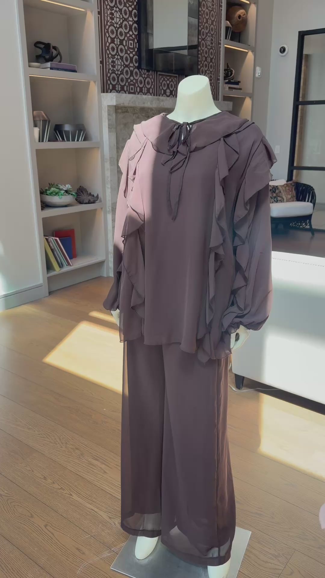Ruffle Chiffon Two-Piece Set – Brown & Pink