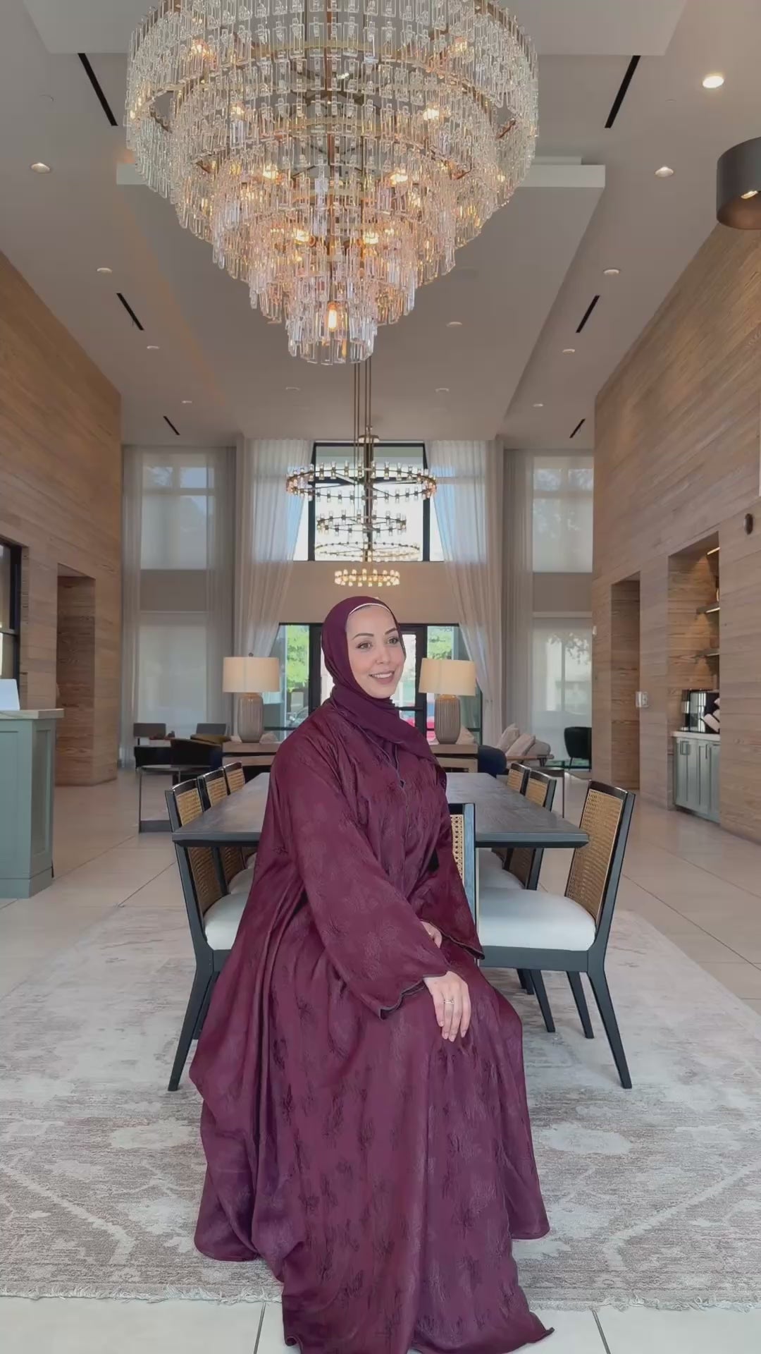 Textured Flowy Abaya – Burgundy & Mauve
